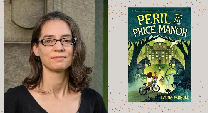 Headshot of author Laura Parnum and the cover of her debut middle grade novel "Peril at Price Manor"