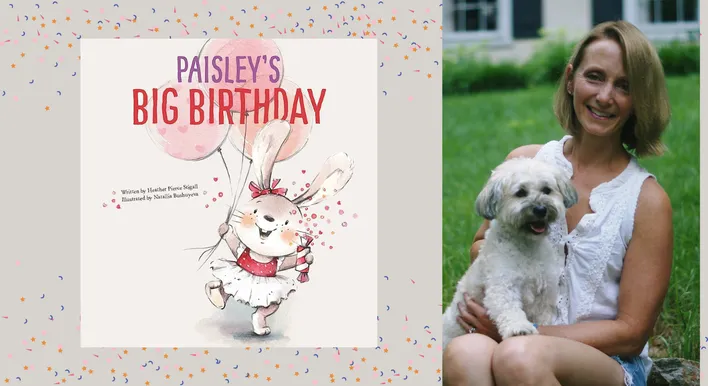 Headshot of author Heather Stigall and the cover of her debut picture book "Paisley's Big Birthday"