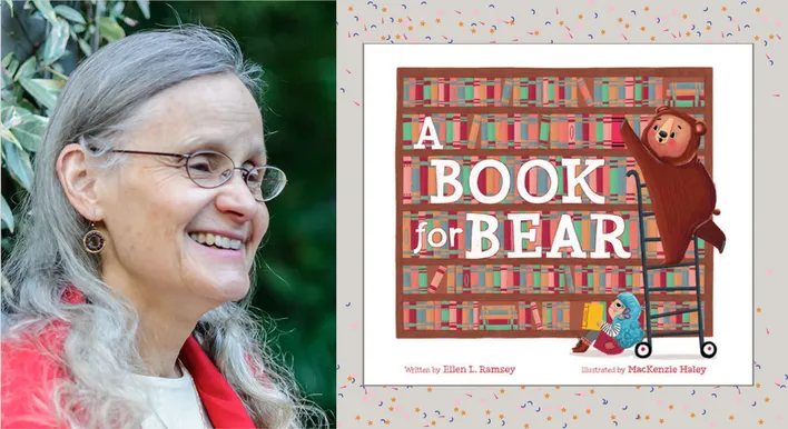 Headshot of author Ellen Ramsey and the cover of her debut picture book "A Book for Bear"
