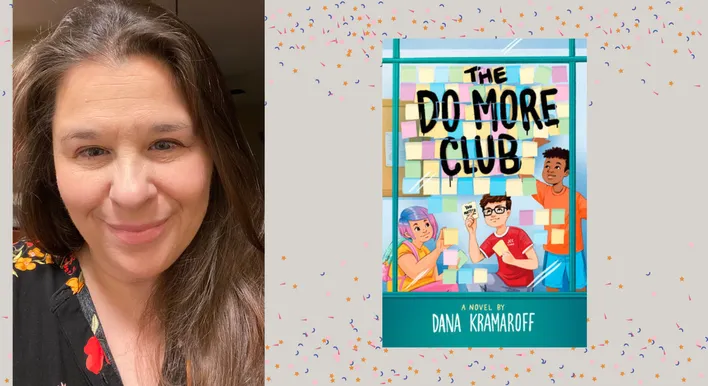 Headshot of author Dana Kramaroff and the cover of her debut middle grade novel "The Do More Club"