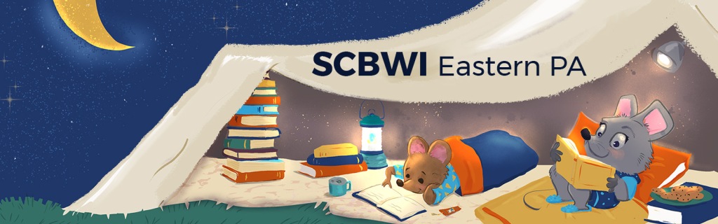 Night time camping scene with books propping up the tent, and two mice reading. Banner illustration by Laurie Sawyer for the Eastern PA SCBWI.